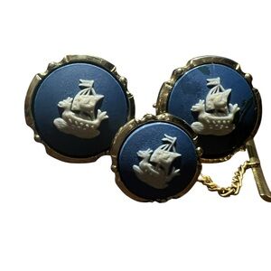 Wedgwood Stratton Blue and Gold Viking Ship  Cuff Link Set